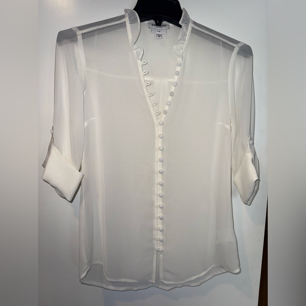 Express White Cuffed Sleeve Blouse with Mandarin Collar